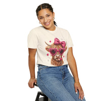 Highland Cow - Pink Heart Shaped Glasses - Comfort Colors | Trendy Women's T-Shirt. Direct to Garment. Printed & Shipped in the USA. Unisex Sizes.