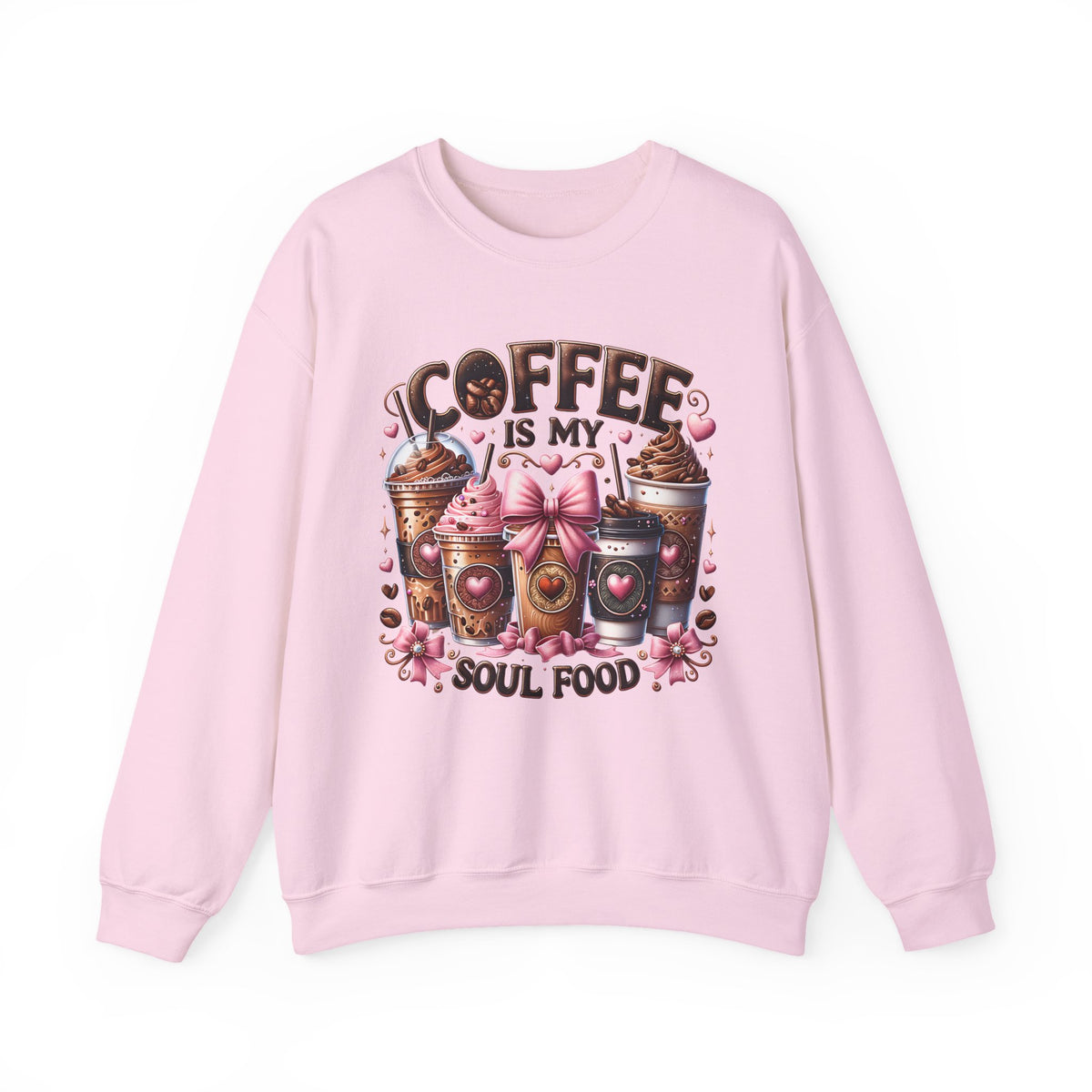 Coffee Is My Soul Food, Iced Coffee, Pink Bow – Gildan Heavy Blend | Trendy Women’s Soft Sweatshirt. Direct to Garment. Printed & Shipped in the USA. Unisex Sizes.