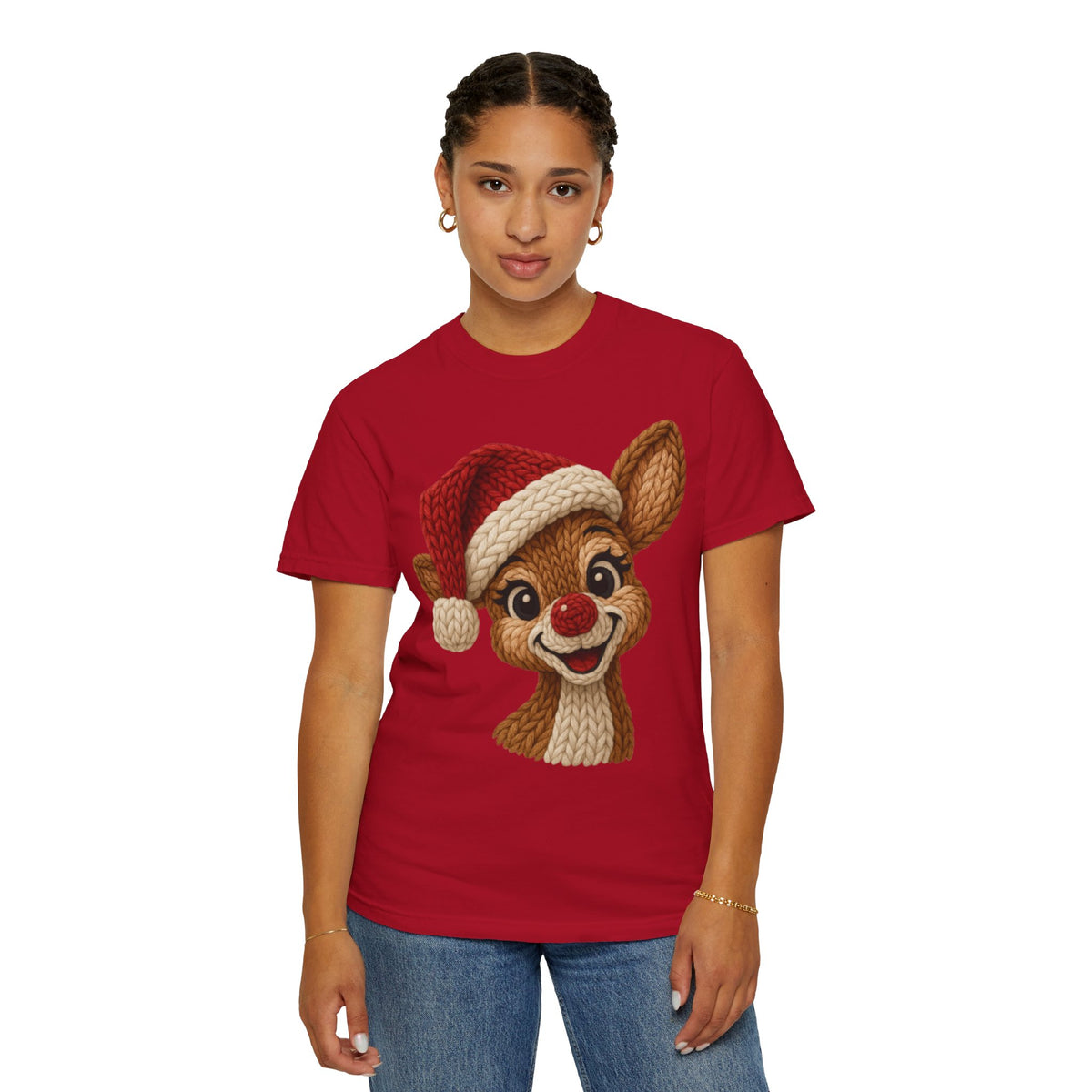 Cute Rudolph Faux Knit Look Reindeer w/Santa Hat - Comfort Colors | Trendy Women's T-Shirt. Direct to Garment. Printed & Shipped in the USA. Unisex Sizes.