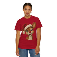 Cute Rudolph Faux Knit Look Reindeer w/Santa Hat - Comfort Colors | Trendy Women's T-Shirt. Direct to Garment. Printed & Shipped in the USA. Unisex Sizes.