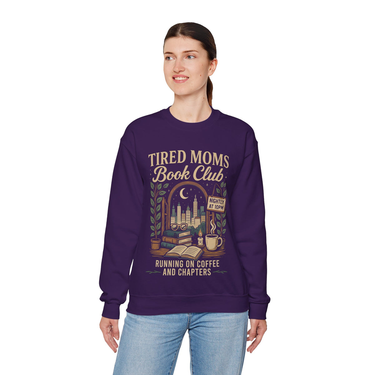 Tired Moms Book Club Running on Coffee and Chapters – Gildan Heavy Blend | Trendy Women’s Soft Sweatshirt. Direct to Garment. Printed & Shipped in the USA. Unisex Sizes.