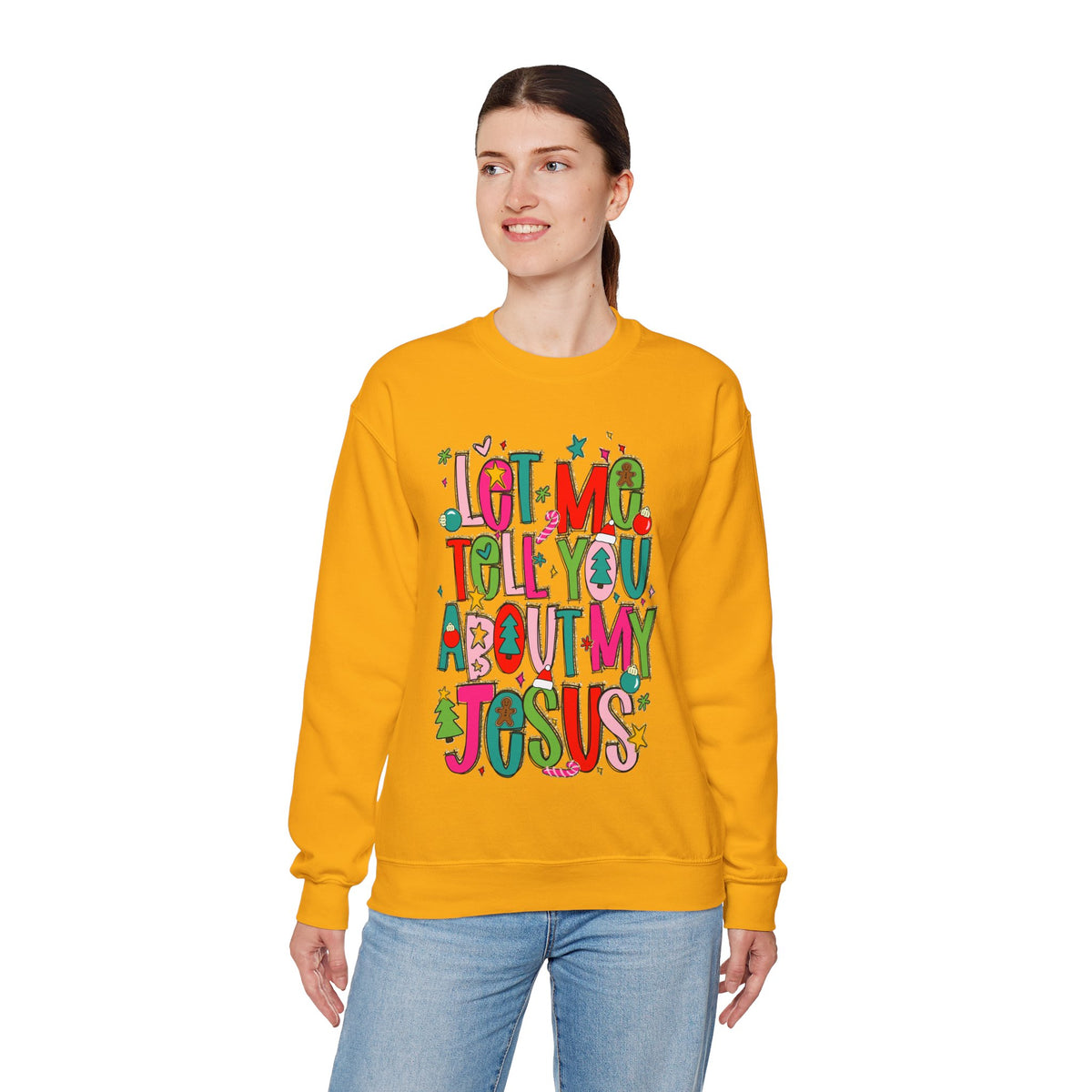 Let Me Tell You About My Jesus - Christmas Faith – Gildan Heavy Blend | Trendy Women’s Soft Sweatshirt. Direct to Garment. Printed & Shipped in the USA. Unisex Sizes.