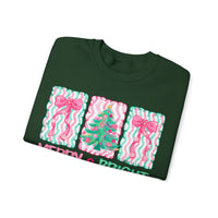 Merry & Bright Christmas - Pink & Green Holiday Tree Design – Gildan Heavy Blend | Trendy Women’s Soft Sweatshirt. Direct to Garment. Printed & Shipped in the USA. Unisex Sizes.