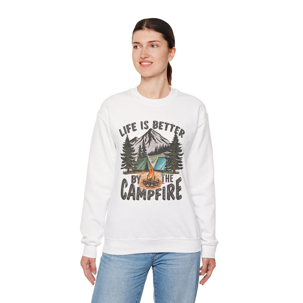 Life is Better By the Campfire – Gildan Heavy Blend | Trendy Women’s and Men's Soft Sweatshirt. Direct to Garment. Printed & Shipped in the USA. Unisex Sizes.