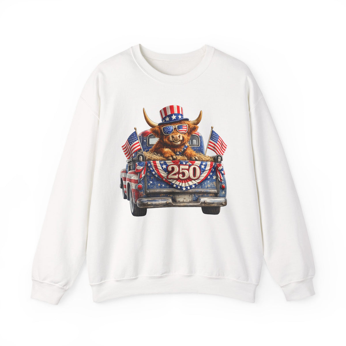Patriotic Highland, America's 250th Birthday – Gildan Heavy Blend | Trendy Women’s and Men's Soft Sweatshirt. Direct to Garment. Printed & Shipped in the USA. Unisex Sizes.