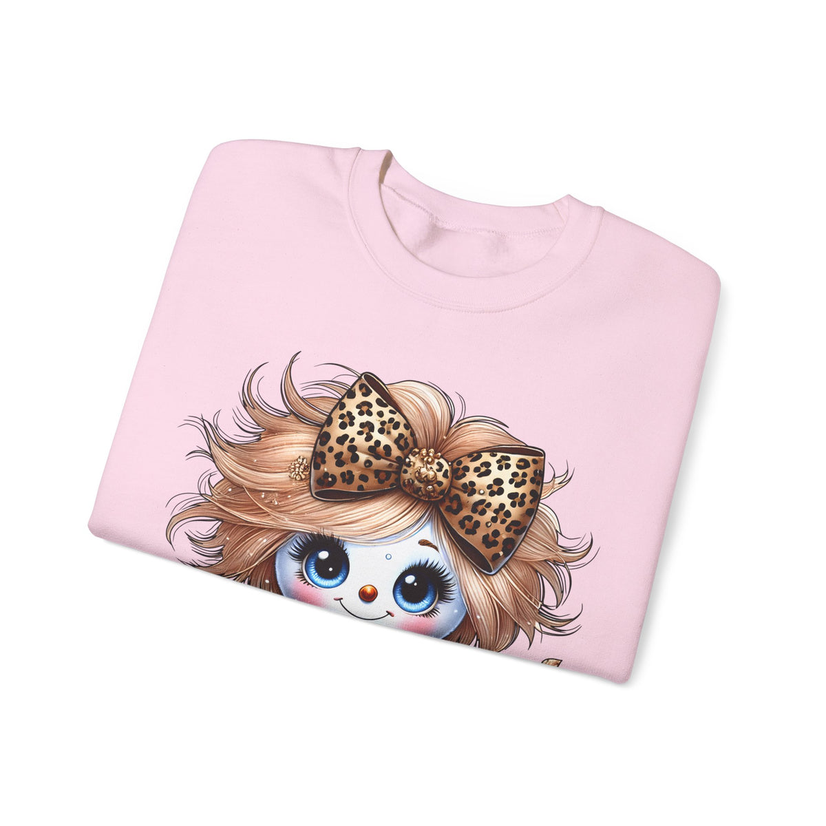 Snowgirl Cute Leopard Bow Snowman, Winter Cozy – Gildan Heavy Blend | Trendy Women’s Soft Sweatshirt. Direct to Garment. Printed & Shipped in the USA. Unisex Sizes.