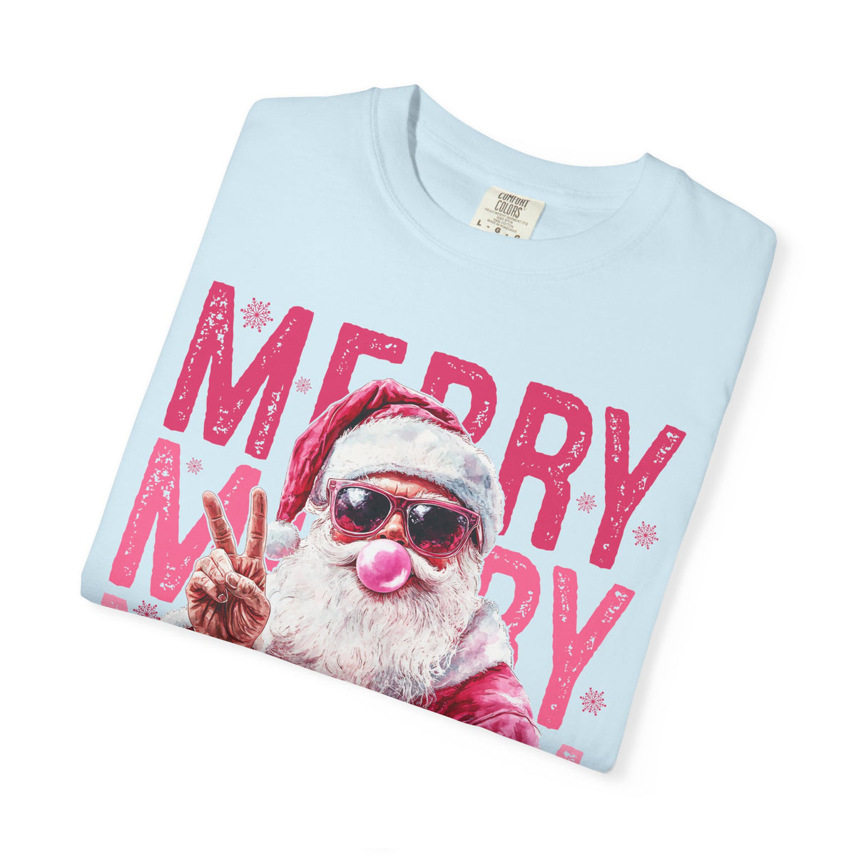 Pink Merry Christmas Bubblegum Santa - Comfort Colors | Trendy Women's T-Shirt. Direct to Garment. Printed & Shipped in the USA. Unisex Sizes.