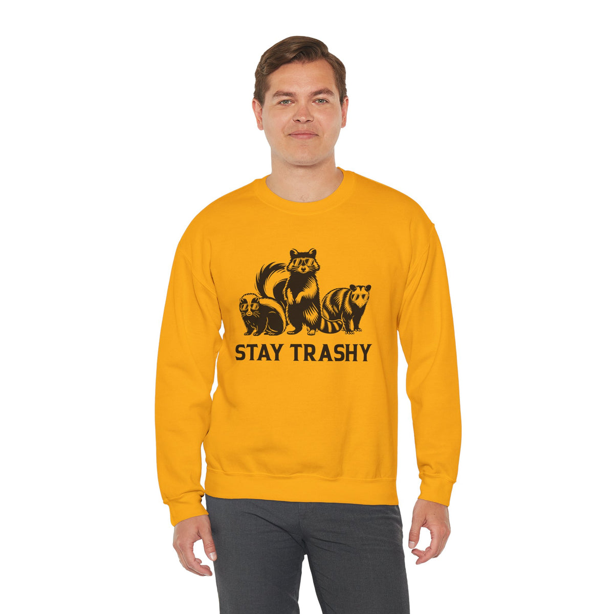 Stay Trashy, Skunk Raccoon Possum – Gildan Heavy Blend | Trendy Women’s and Men's Soft Sweatshirt. Direct to Garment. Printed & Shipped in the USA. Unisex Sizes.