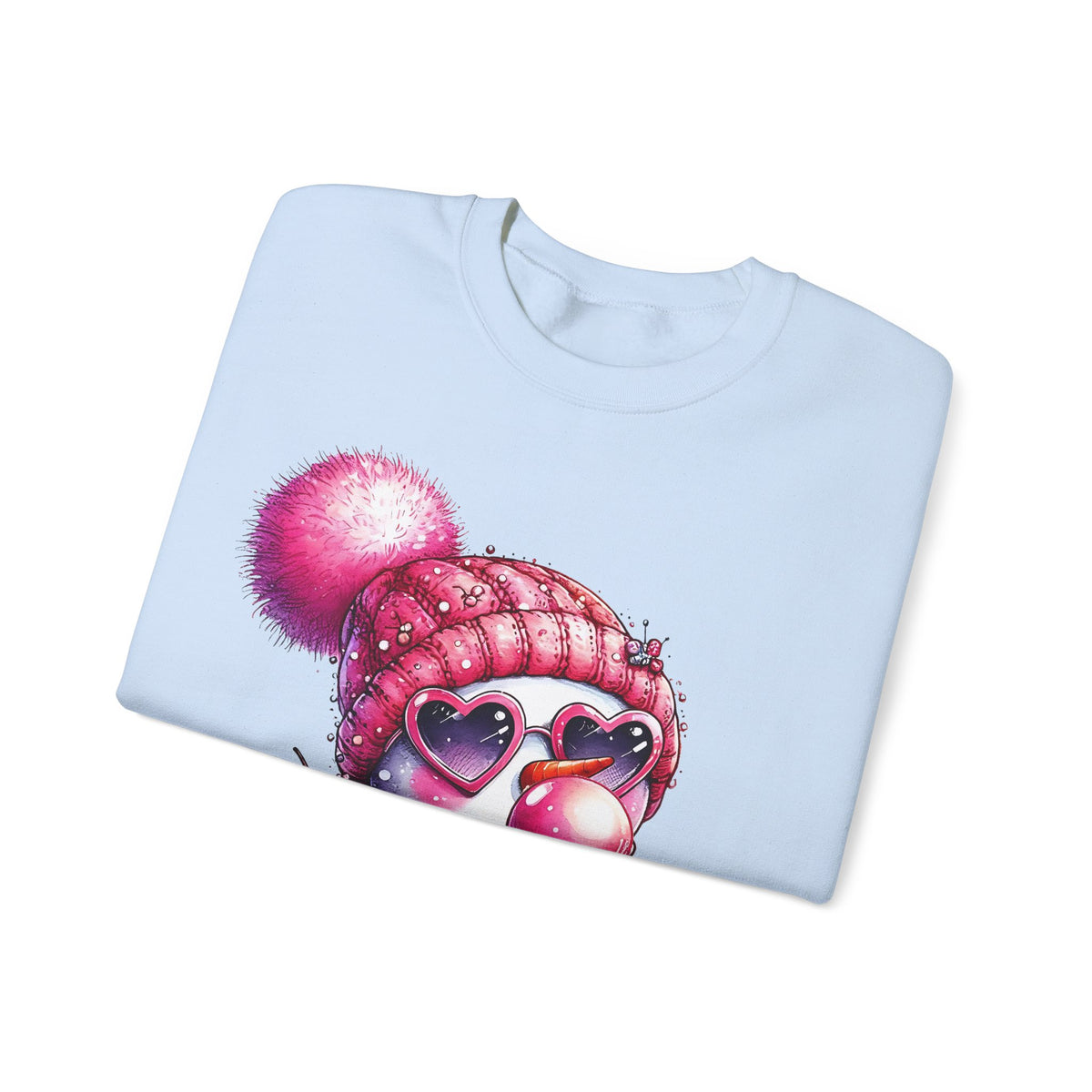 Pink Girly Snowman with Heart Sunglasses and Bubblegum - Winter – Gildan Heavy Blend | Trendy Women’s Soft Sweatshirt. Direct to Garment. Printed & Shipped in the USA. Unisex Sizes.
