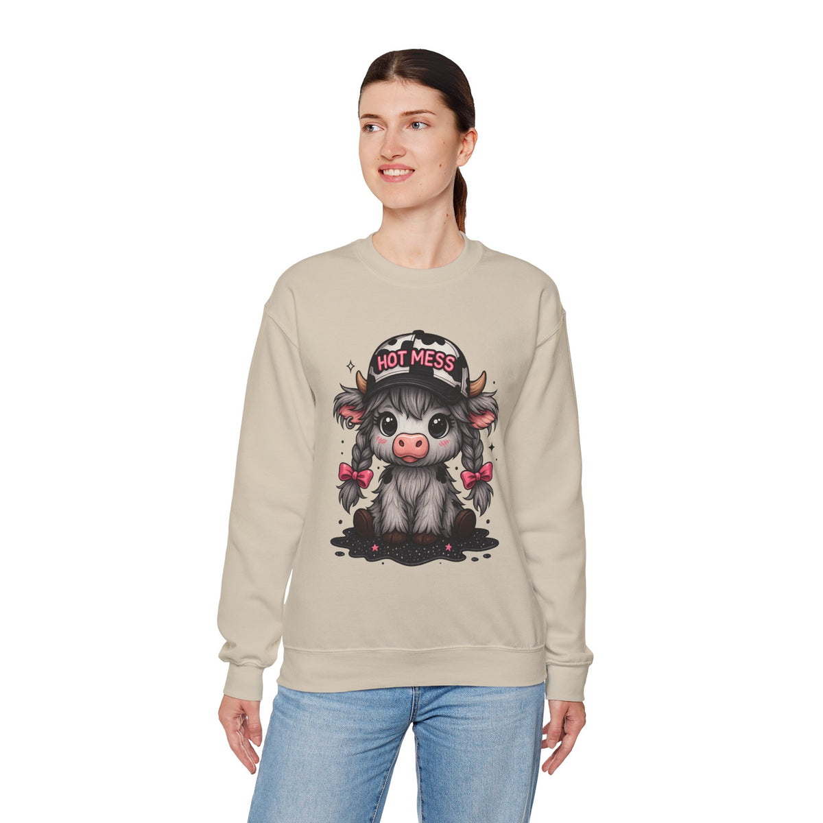 Cute Highland Cow 'Hot Mess' In Braids – Gildan Heavy Blend | Trendy Women’s Soft Sweatshirt. Direct to Garment. Printed & Shipped in the USA. Unisex Sizes.