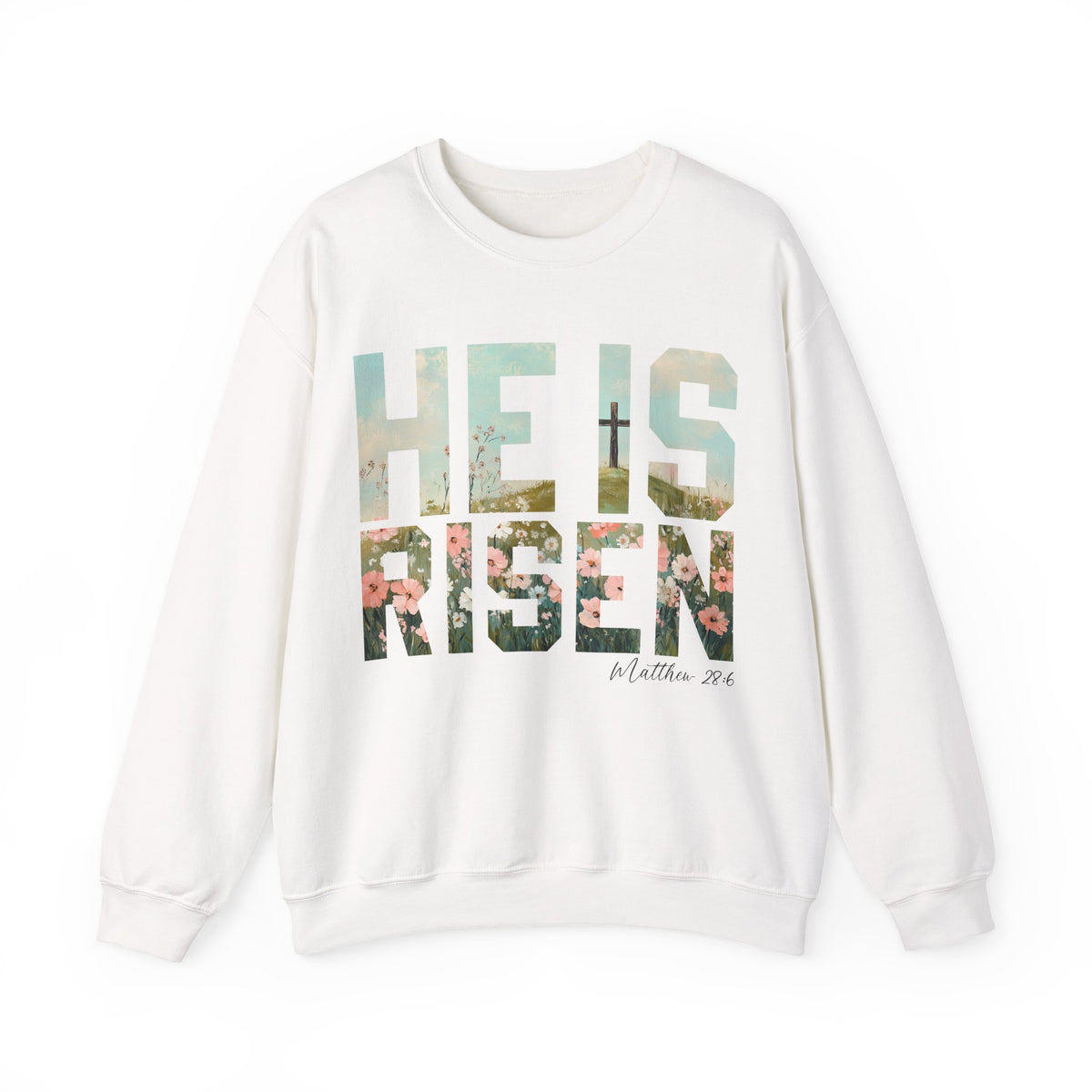 He Is Risen, Christian Floral Easter – Gildan Heavy Blend | Trendy Women’s Soft Sweatshirt. Direct to Garment. Printed & Shipped in the USA. Unisex Sizes.