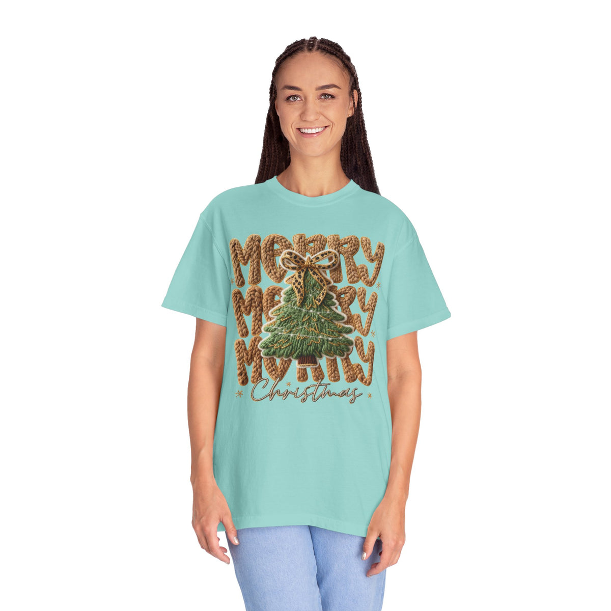 Merry Merry Merry Christmas, Faux Latch Hook Yarn - Comfort Colors | Trendy Women's T-Shirt. Direct to Garment. Printed & Shipped in the USA. Unisex Sizes.