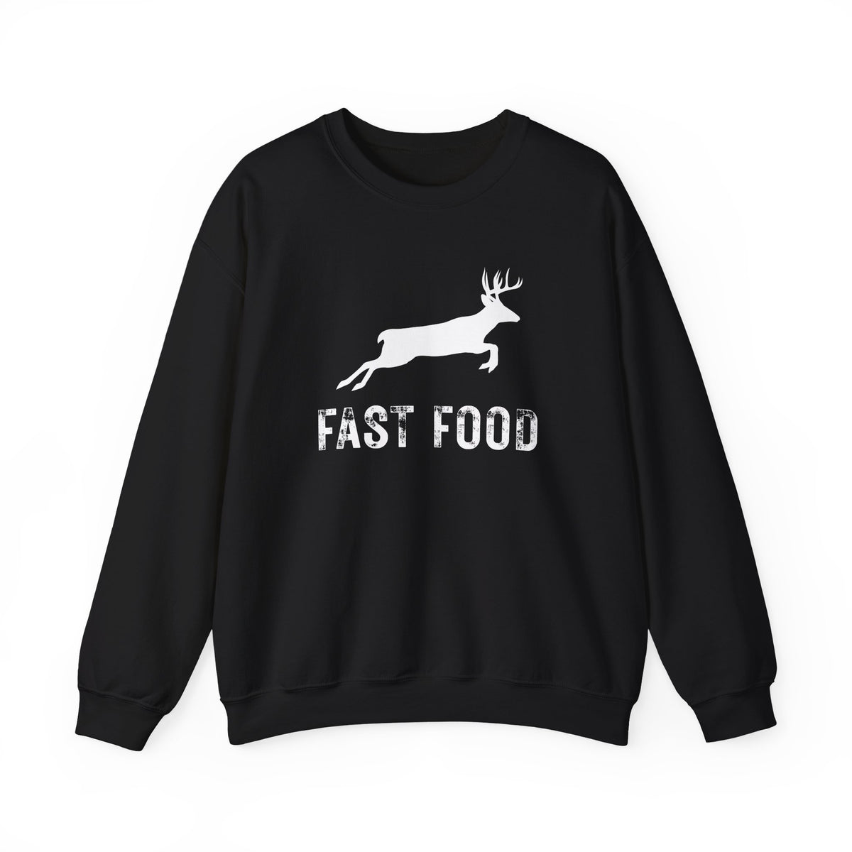 Fast Food Deer Hunting Humor Distressed – Gildan Heavy Blend | Trendy Men's and Women’s Soft Sweatshirt. Direct to Garment. Printed & Shipped in the USA. Unisex Sizes.