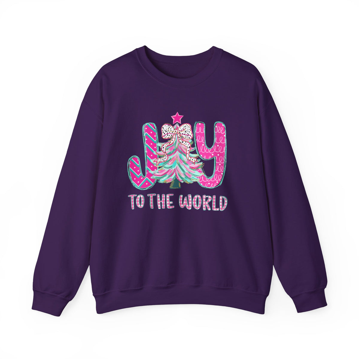 Joy to the World w/Christmas Tree Pink and Teal – Gildan Heavy Blend | Trendy Women’s Soft Sweatshirt. Direct to Garment. Printed & Shipped in the USA. Unisex Sizes.