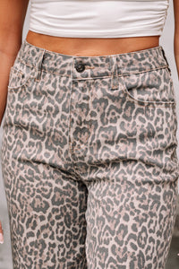 High-Rise Brown Leopard Frayed Edge Wide Leg Jeans