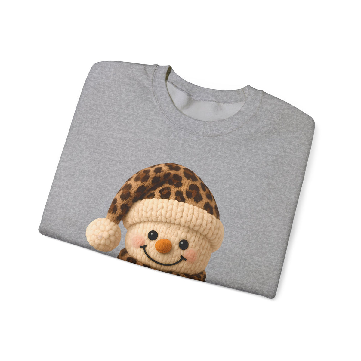 Cute Leopard Faux Knit Snowman Winter – Gildan Heavy Blend | Trendy Women’s Soft Sweatshirt. Direct to Garment. Printed & Shipped in the USA. Unisex Sizes.