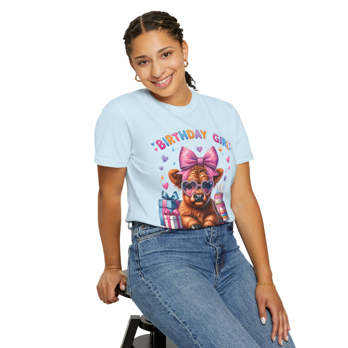 Birthday Girl, Highland Cow - Comfort Colors | Trendy Women's T-Shirt. Direct to Garment. Printed & Shipped in the USA. Unisex Sizes.