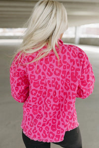 Vibrant Pink Leopard Print Lightweight Jean Jacket with Raw Hem