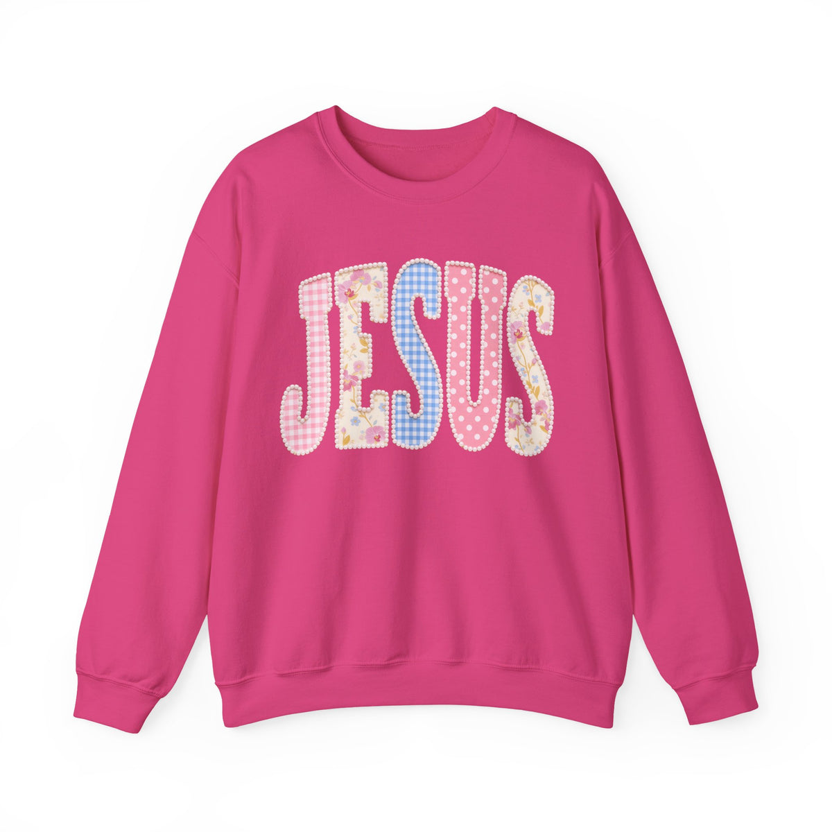 JESUS Pastel Faux Patchwork – Gildan Heavy Blend | Trendy Women’s Soft Sweatshirt. Direct to Garment. Printed & Shipped in the USA. Unisex Sizes.