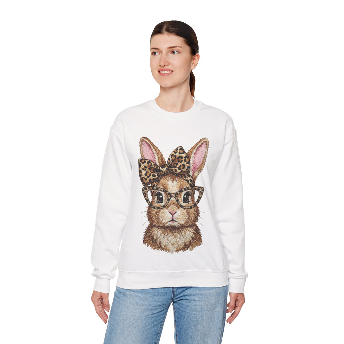 Bunny with Leopard Glasses and Bow – Gildan Heavy Blend | Trendy Women’s Soft Sweatshirt. Direct to Garment. Printed & Shipped in the USA. Unisex Sizes.