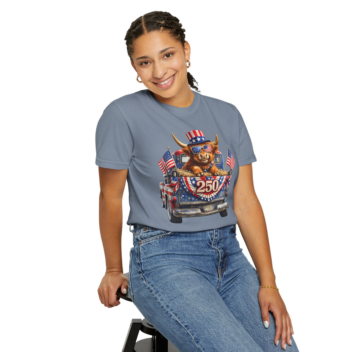 Patriotic Highland, America's 250th Birthday - Comfort Colors | Trendy Women's and Men's T-Shirt. Direct to Garment. Printed & Shipped in the USA. Unisex Sizes.