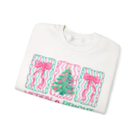 Merry & Bright Christmas - Pink & Green Holiday Tree Design – Gildan Heavy Blend | Trendy Women’s Soft Sweatshirt. Direct to Garment. Printed & Shipped in the USA. Unisex Sizes.