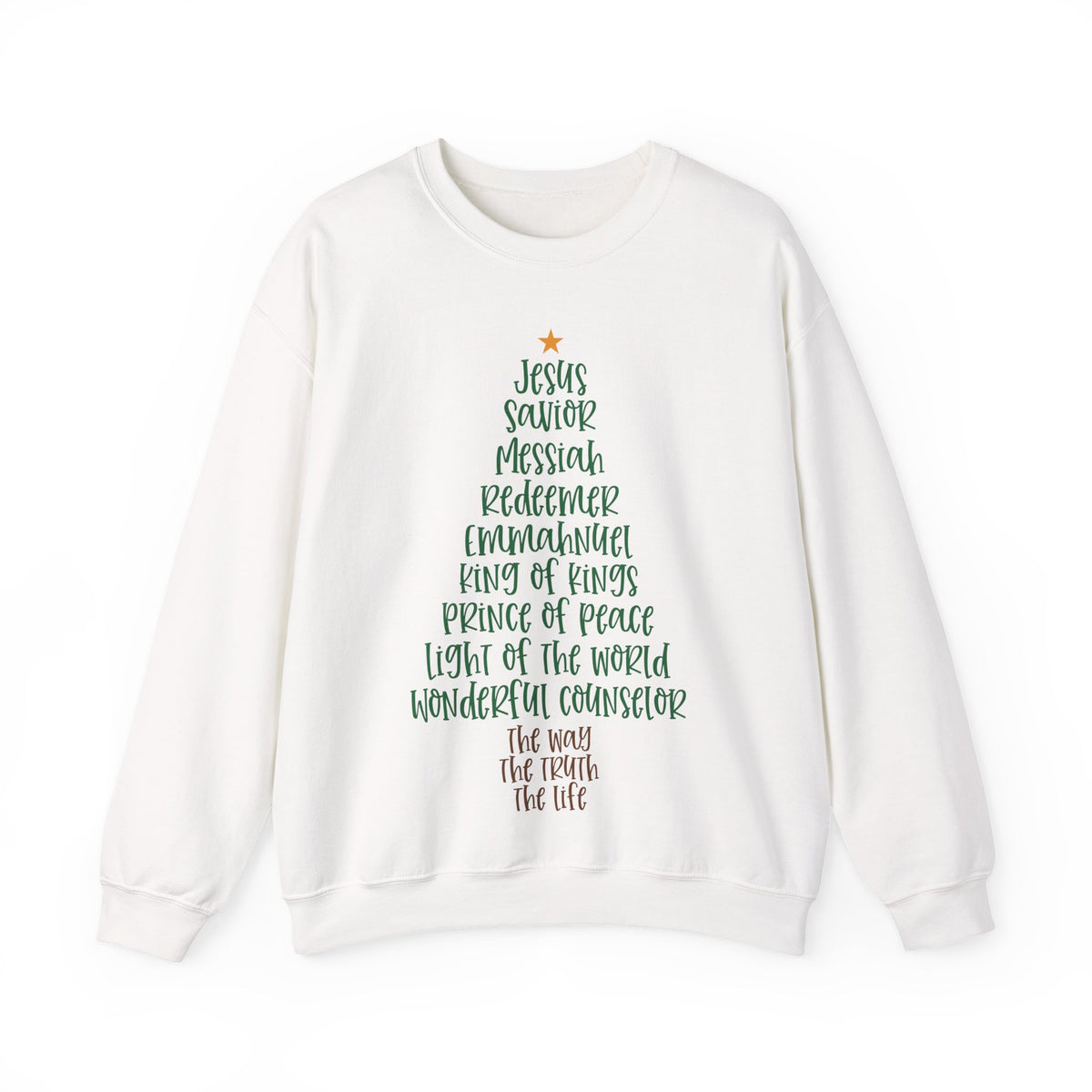 Jesus Names Christmas Tree – Gildan Heavy Blend | Trendy Women’s Soft Sweatshirt. Direct to Garment. Printed & Shipped in the USA. Unisex Sizes.