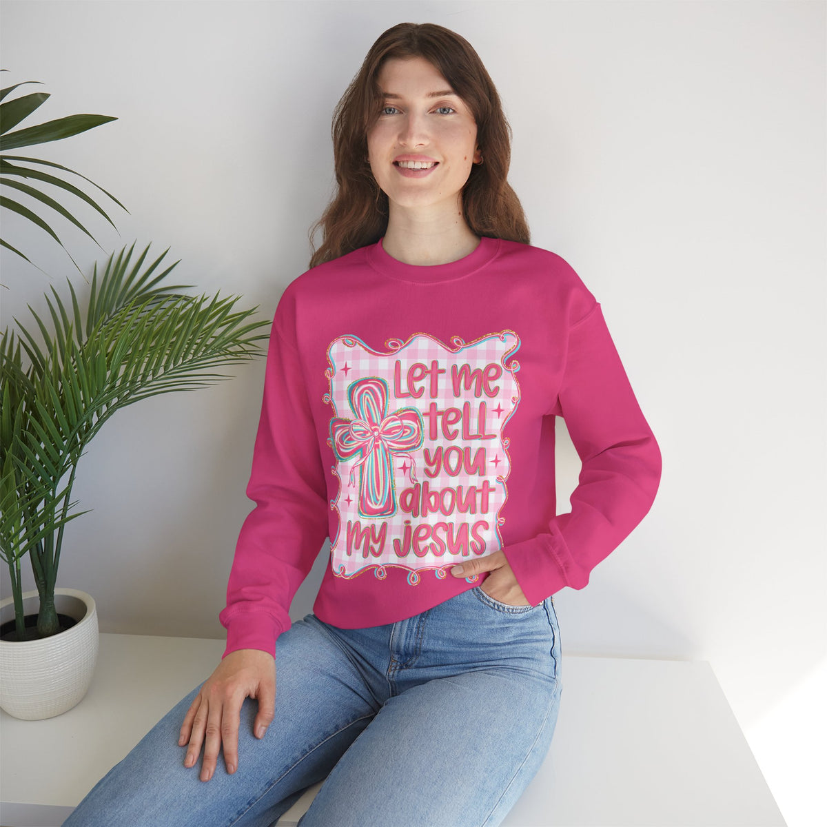 Let Me Tell You About My Jesus, Pink and Green – Gildan Heavy Blend | Trendy Women’s Soft Sweatshirt. Direct to Garment. Printed & Shipped in the USA. Unisex Sizes.