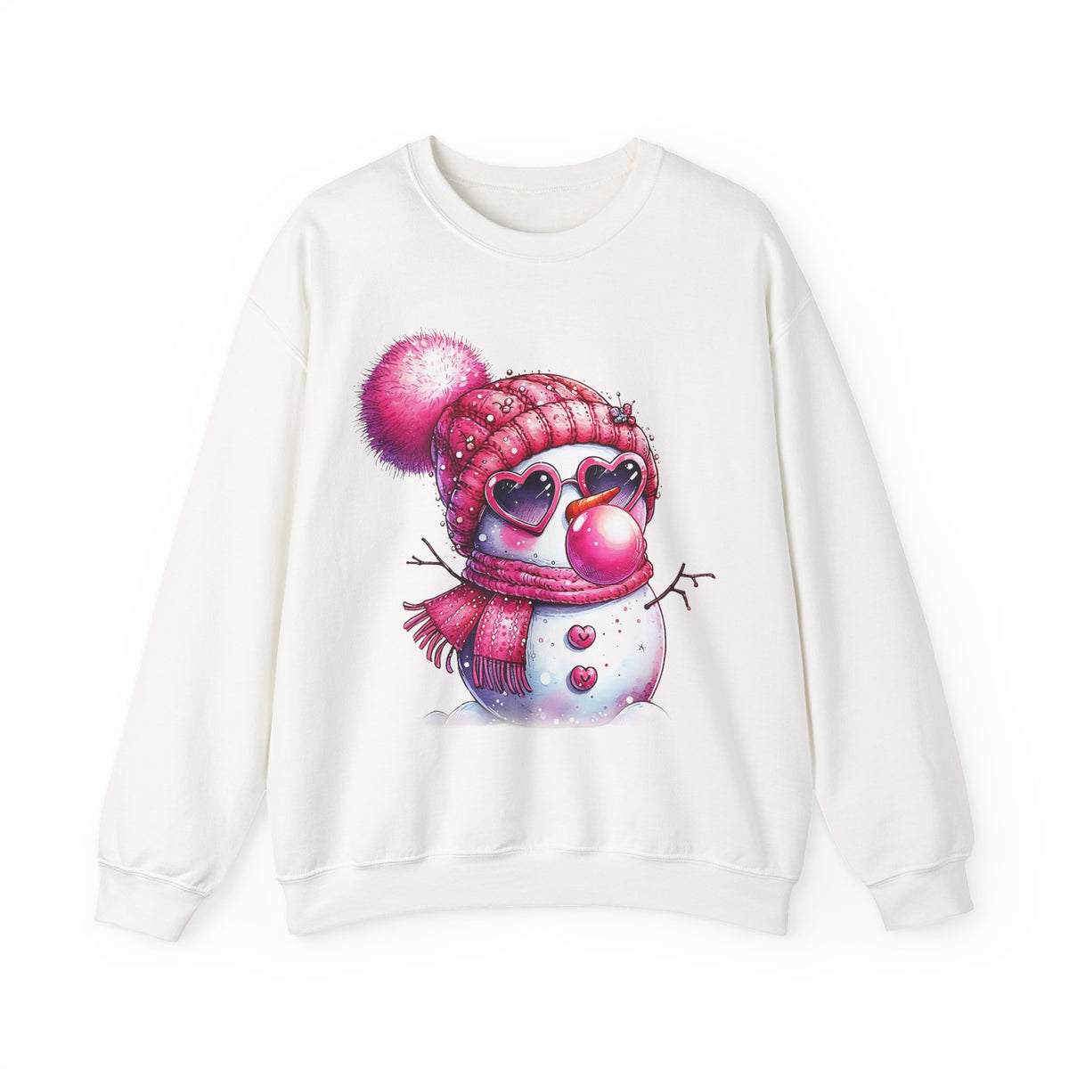 Pink Girly Snowman with Heart Sunglasses and Bubblegum Winter – Gildan Heavy Blend | Trendy Women’s Soft Sweatshirt. Direct to Garment. Printed & Shipped in the USA. Unisex Sizes.