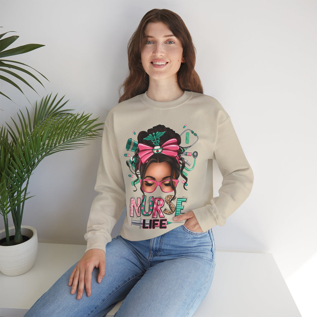 Nurse Life Messy Bun, Cute Stethoscope & Syringe – Gildan Heavy Blend | Trendy Women’s Soft Sweatshirt. Direct to Garment. Printed & Shipped in the USA. Unisex Sizes.