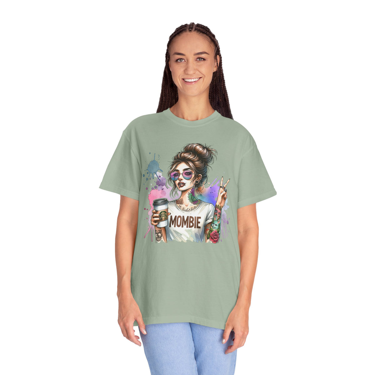 Cool Mombie with Coffee Peace Tattoo - Comfort Colors | Trendy Women's T-Shirt. Direct to Garment. Printed & Shipped in the USA. Unisex Sizes.