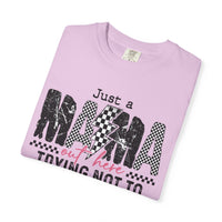 Just a Mama Out Here Trying Not To Raise Assholes - Comfort Colors | Trendy Women's T-Shirt. Direct to Garment. Printed & Shipped in the USA. Unisex Sizes.