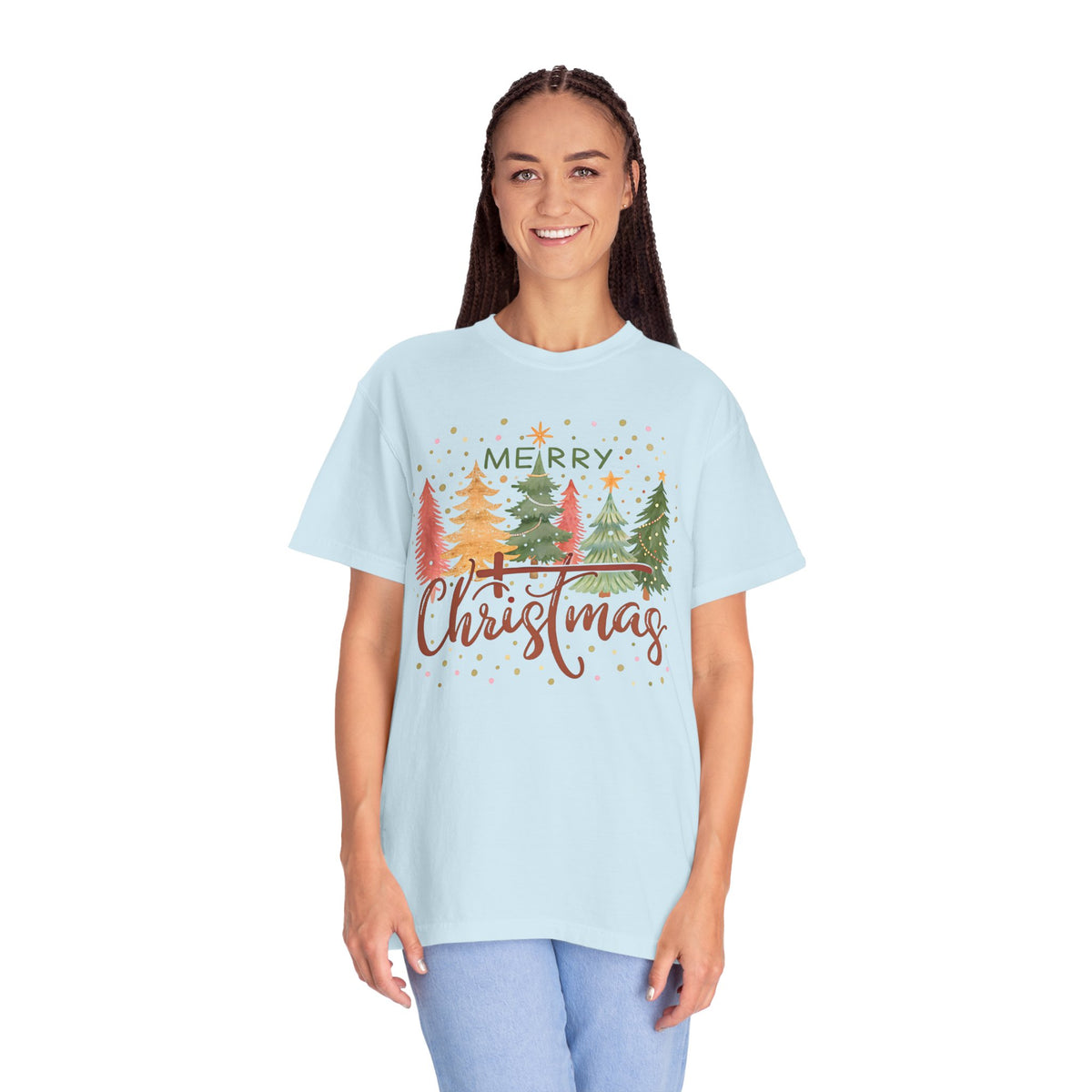 Merry ChrisTmas - Christian Faith - Comfort Colors | Trendy Women's T-Shirt. Direct to Garment. Printed & Shipped in the USA. Unisex Sizes.
