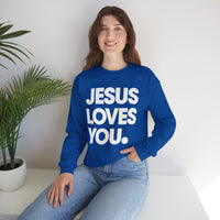 Jesus Loves You – Gildan Heavy Blend | Trendy Women’s and Men's Soft Sweatshirt. Direct to Garment. Printed & Shipped in the USA. Unisex Sizes.