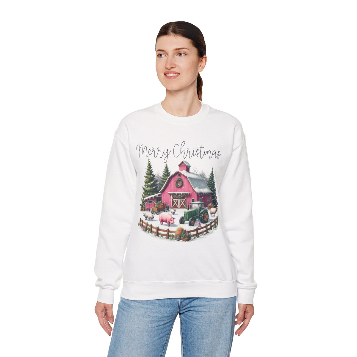 Merry Christmas Pink Barn Farm Animals – Gildan Heavy Blend | Trendy Women’s Soft Sweatshirt. Direct to Garment. Printed & Shipped in the USA. Unisex Sizes.