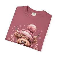 Cozy Highland Cow, Winter Coffee Mug & Scarf - Comfort Colors | Trendy Women's T-Shirt. Direct to Garment. Printed & Shipped in the USA. Unisex Sizes.