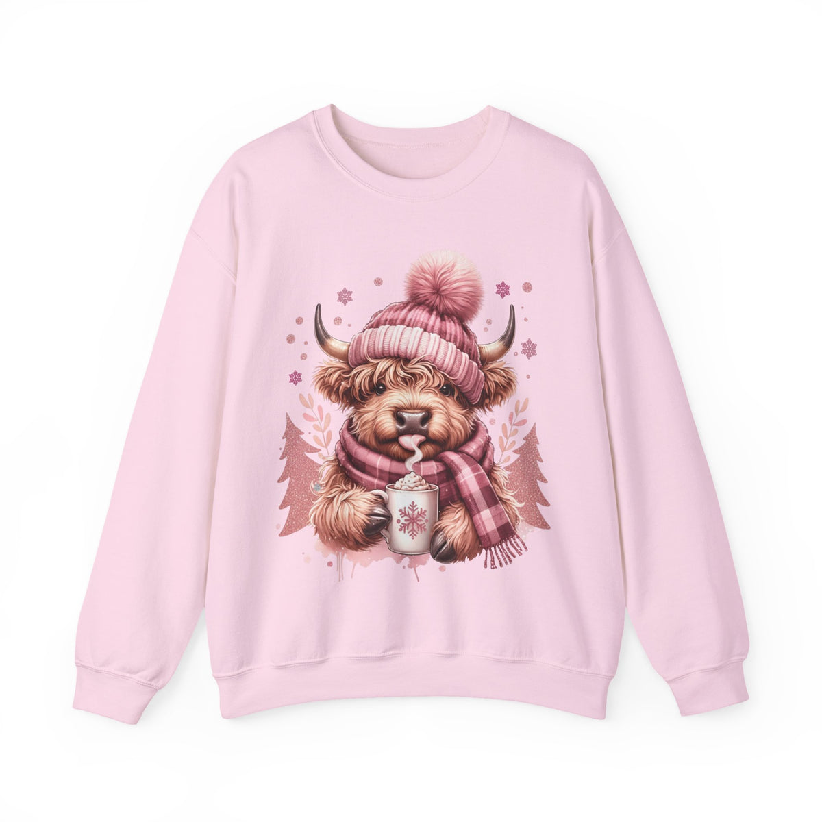 Cozy Highland Cow, Winter Coffee Mug & Scarf Pink – Gildan Heavy Blend | Trendy Women’s Soft Sweatshirt. Direct to Garment. Printed & Shipped in the USA. Unisex Sizes.