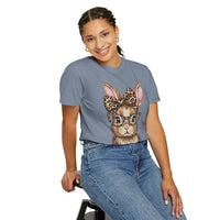 Bunny with Leopard Bow and Glasses - Comfort Colors | Trendy Women's T-Shirt. Direct to Garment. Printed & Shipped in the USA. Unisex Sizes.