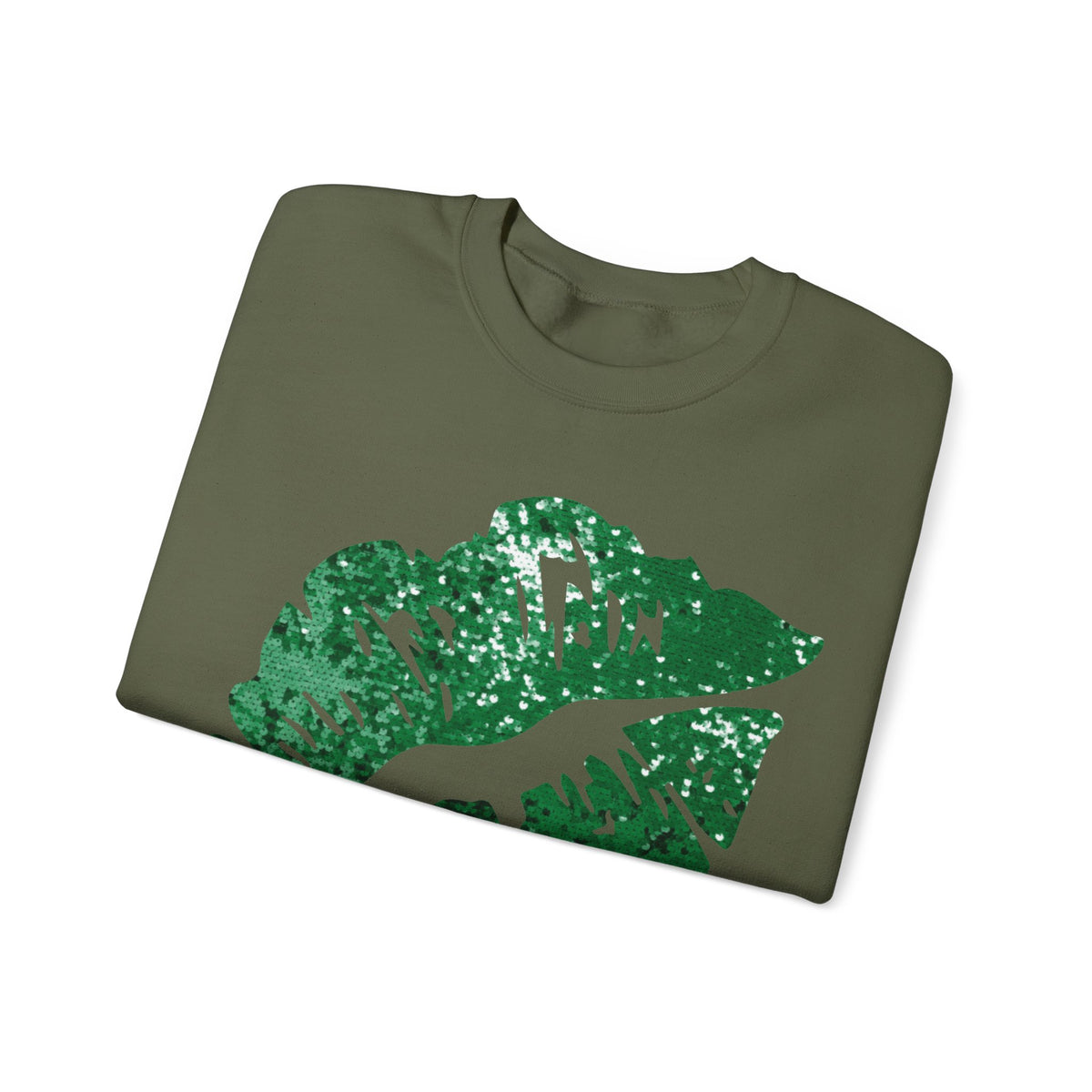 Green Faux Glitter Kiss – Gildan Heavy Blend | Trendy Women’s Soft Sweatshirt. Direct to Garment. Printed & Shipped in the USA. Unisex Sizes.