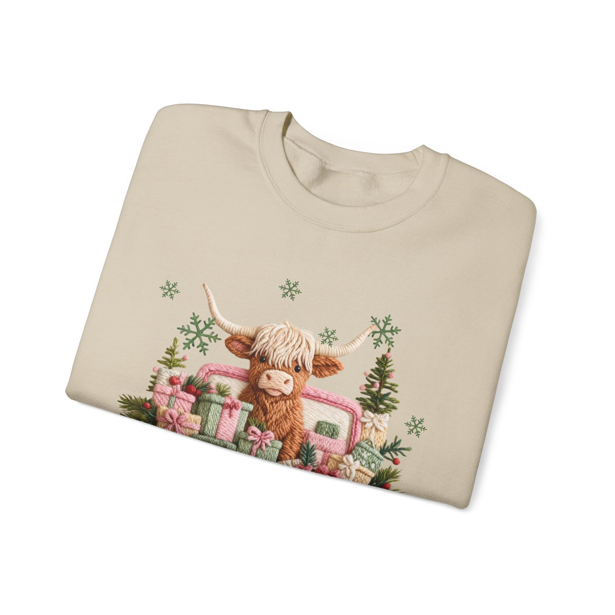 Highland Cow in Pink Truck Merry Christmas Holiday Farmhouse – Gildan Heavy Blend | Trendy Women’s Soft Sweatshirt. Direct to Garment. Printed & Shipped in the USA. Unisex Sizes.