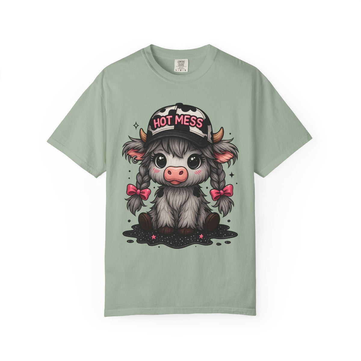 Cute Highland Cow 'Hot Mess' In Braids  - Comfort Colors | Trendy Women's T-Shirt. Direct to Garment. Printed & Shipped in the USA. Unisex Sizes.