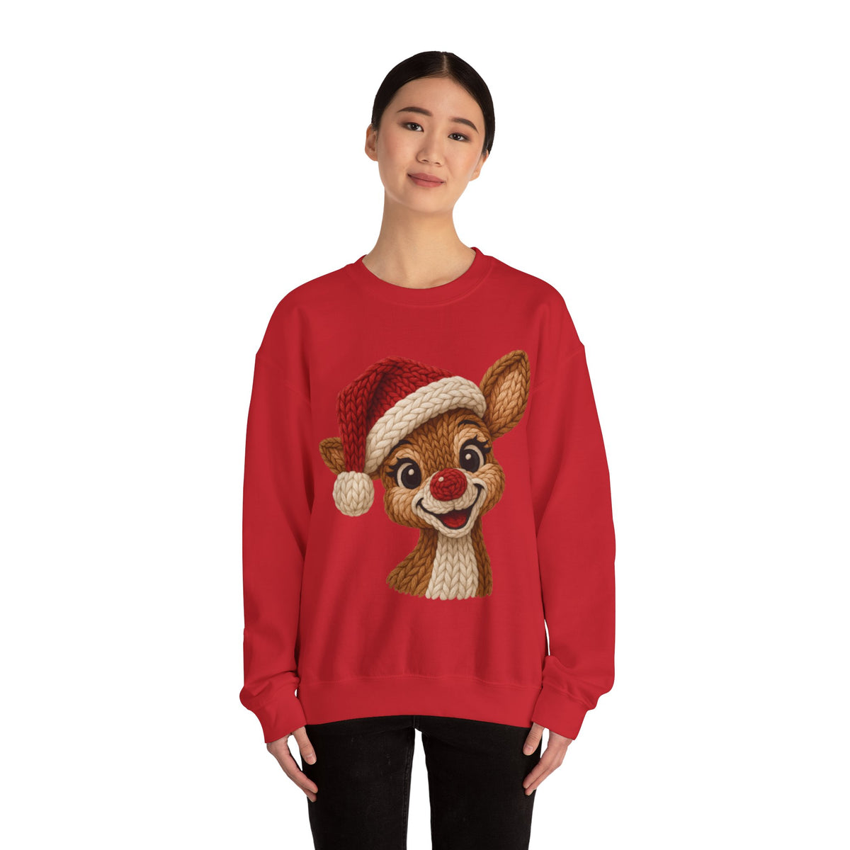 Cute Rudolph Faux Knit Look Reindeer w/Santa Hat – Gildan Heavy Blend | Trendy Women’s Soft Sweatshirt. Direct to Garment. Printed & Shipped in the USA. Unisex Sizes.