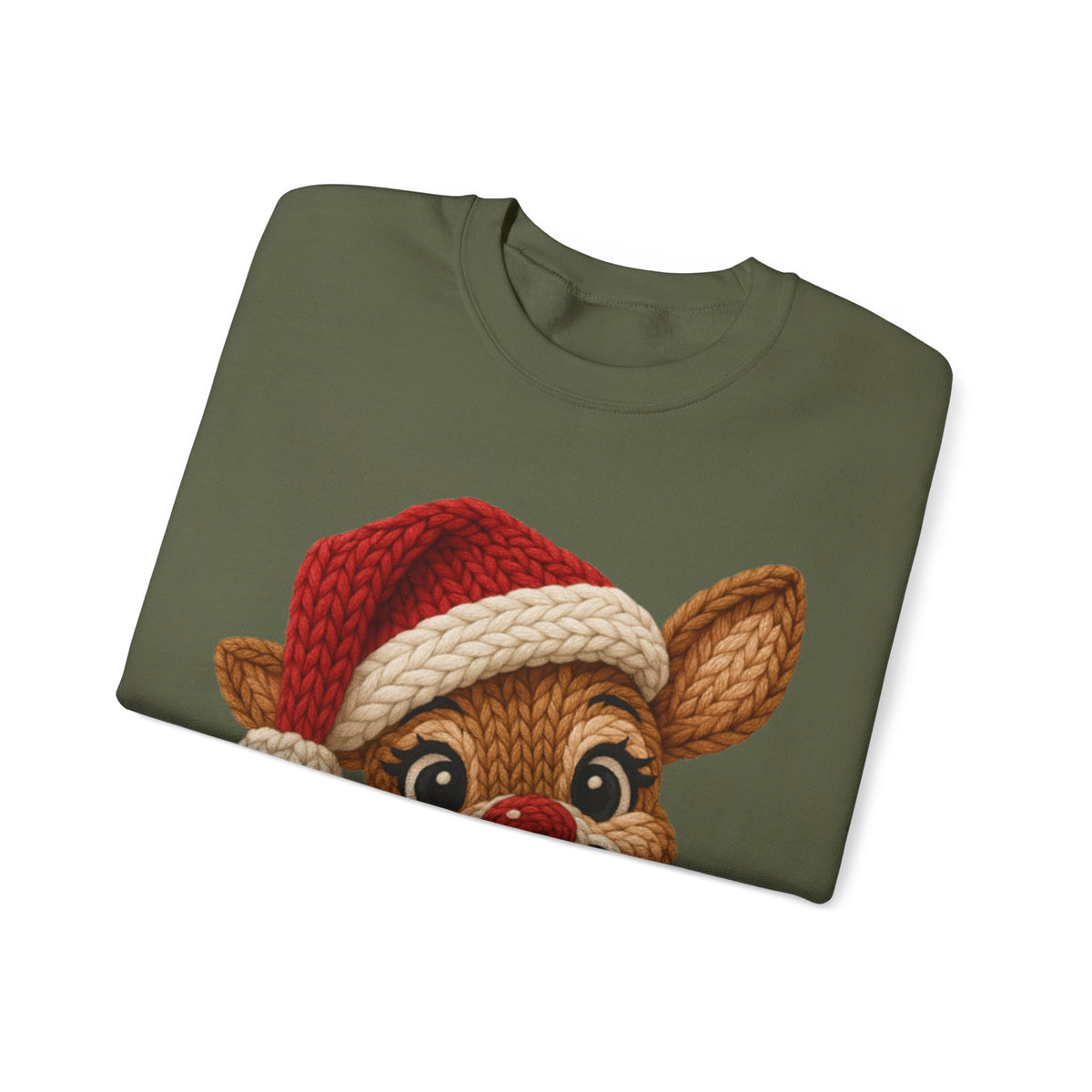 Cute Rudolph Faux Knit Look Reindeer w/Santa Hat – Gildan Heavy Blend | Trendy Women’s Soft Sweatshirt. Direct to Garment. Printed & Shipped in the USA. Unisex Sizes.