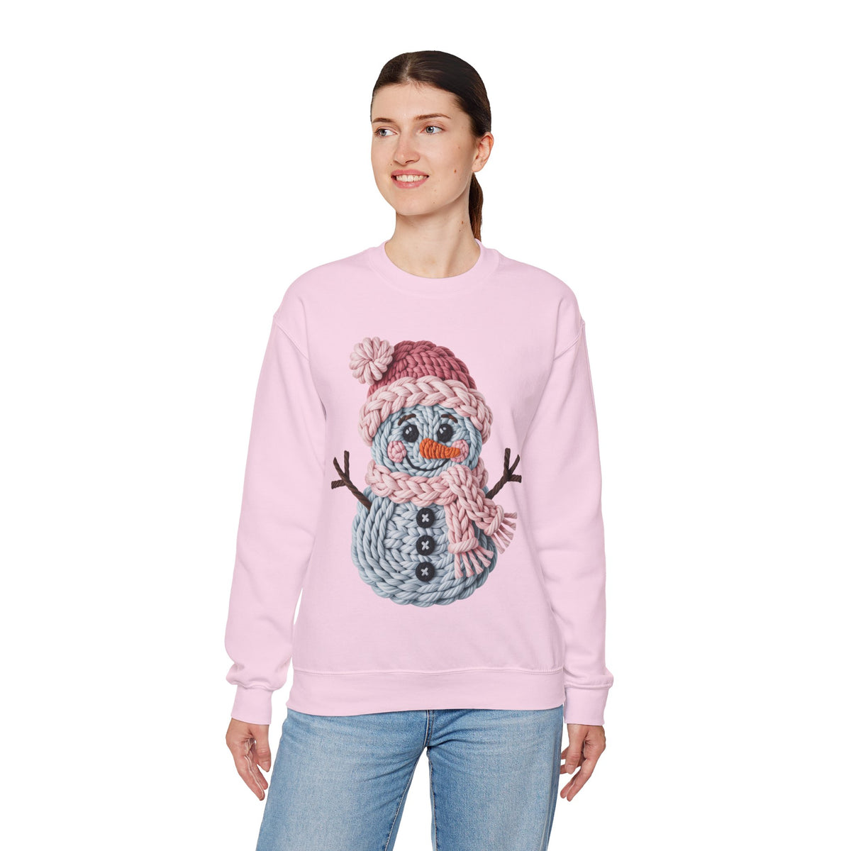 Cute Yarn Snowman - Pink Scarf Faux Yarn – Gildan Heavy Blend | Trendy Women’s Soft Sweatshirt. Direct to Garment. Printed & Shipped in the USA. Unisex Sizes.