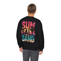 Sun Salt Sand, Beach Sunset - Front & Back Print – Gildan Heavy Blend | Trendy Women’s and Men's Soft Sweatshirt. Direct to Garment. Printed & Shipped in the USA. Unisex Sizes.