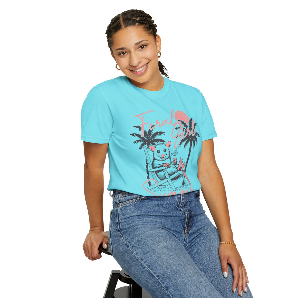 Feral Girl Summer, Possum on a Beach - Comfort Colors | Trendy Women's T-Shirt. Direct to Garment. Printed & Shipped in the USA. Unisex Sizes.