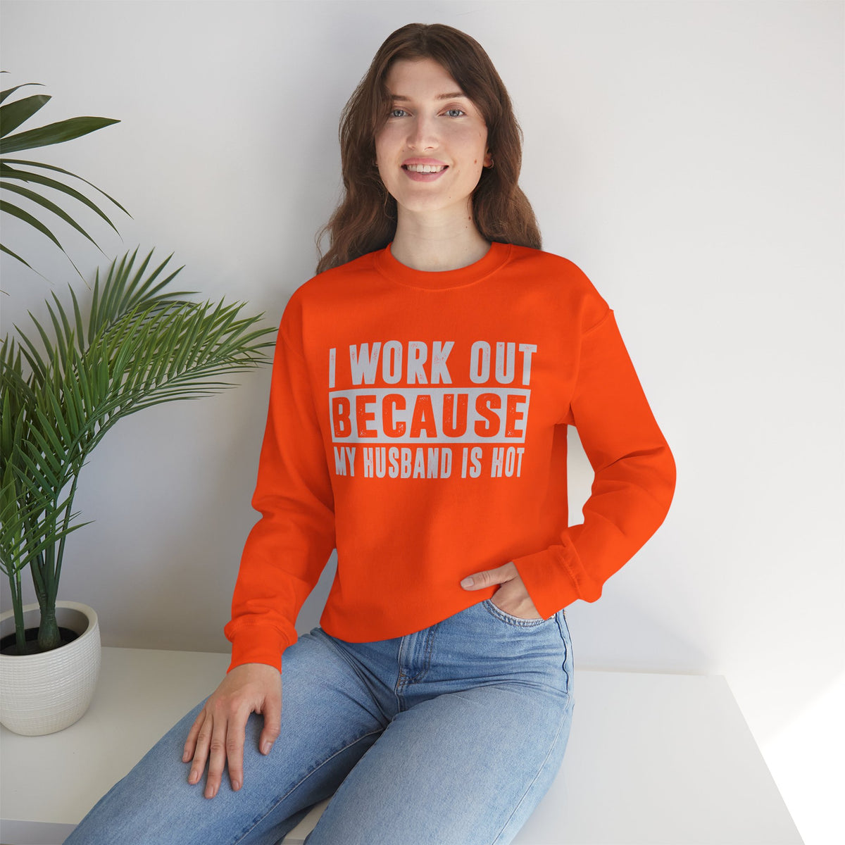 I Work Out Because My Husband Is Hot – Gildan Heavy Blend | Trendy Women’s Soft Sweatshirt. Direct to Garment. Printed & Shipped in the USA. Unisex Sizes.