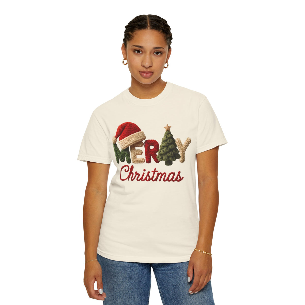 Merry Christmas Faux Yarn w/Santa Hat & Tree - Comfort Colors | Trendy Women's T-Shirt. Direct to Garment. Printed & Shipped in the USA. Unisex Sizes.