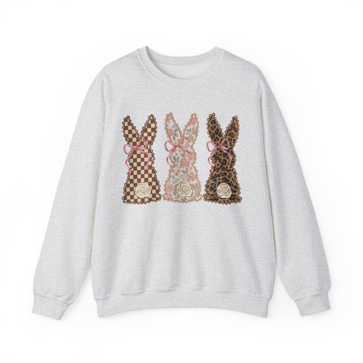 Easter Bunny Trio - Checkered, Floral & Leopard – Gildan Heavy Blend | Trendy Women’s Soft Sweatshirt. Direct to Garment. Printed & Shipped in the USA. Unisex Sizes.