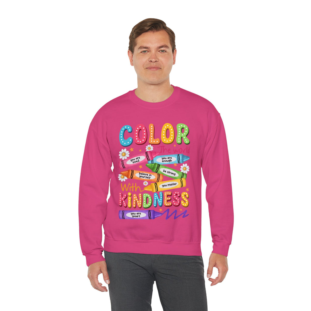 Color the World With Kindness Crayons, Great Teacher Gift – Gildan Heavy Blend | Trendy Women’s and Men's Soft Sweatshirt. Direct to Garment. Printed & Shipped in the USA. Unisex Sizes.